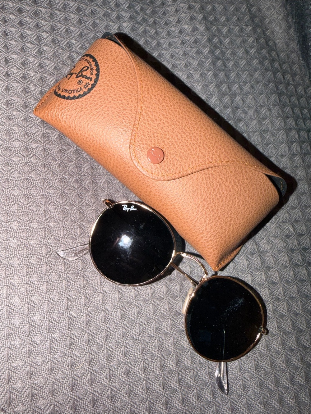 Ray-Ban Gold Frame Sunglasses with Black Lenses and Brown Case